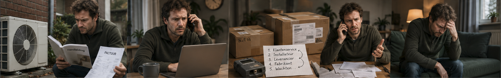 Een klant probeert na aankoop hulp te krijgen bij een productprobleem met handleiding, factuur, laptop en klantenservice.